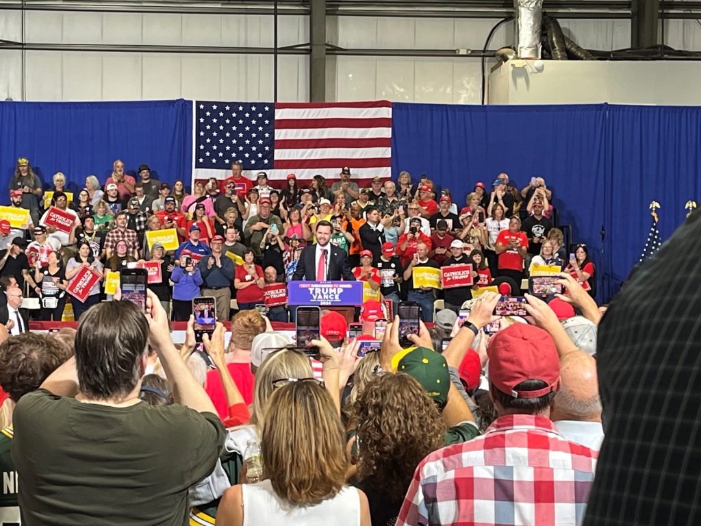 Vice presidential candidate JD Vance speaks in Waukesha on Oct. 20, 2024. Corrinne Hess/WPR