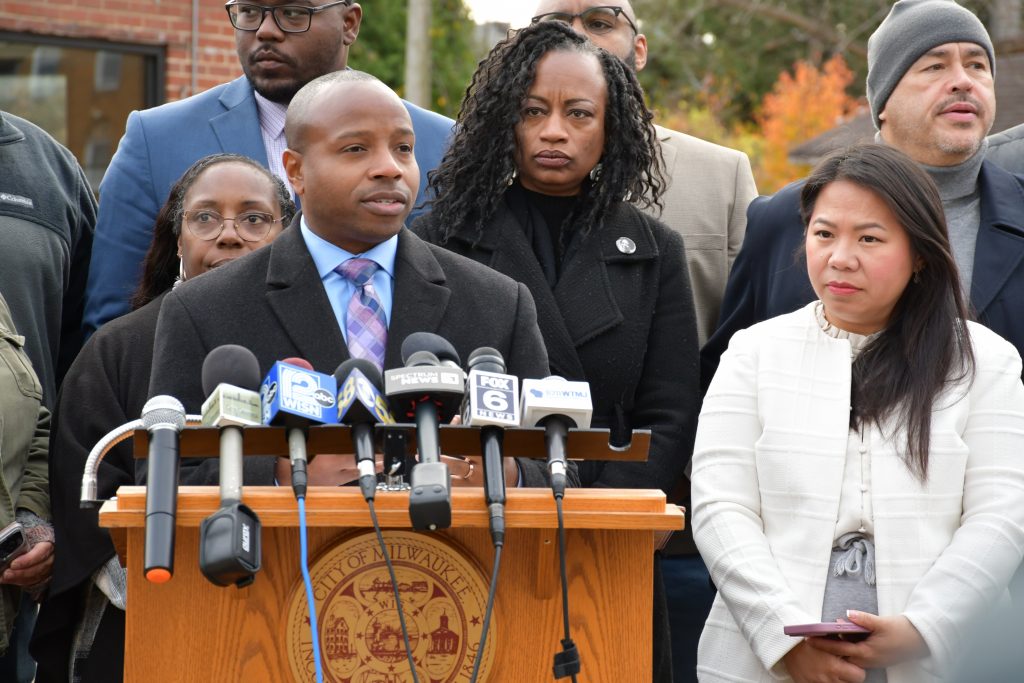 Mayor Cavalier Johnson speaks while Diana Vang-Brostoff looks on. Photo by Jeramey Jannene.