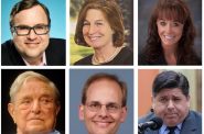 Clockwise from top left: Reid Hoffman, Elizabeth Uihlein, Diane Hendricks, Illinois Gov. J.B. Pritzker, Kenneth Duda and George Soros.