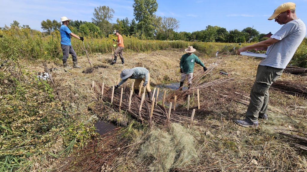 Conservation professionals from different entities and parts of the state worked together to build and document multiple BDAs at Briggs Wetland. They will revisit the site to observe changes over time and use what they learn to inform other projects appropriate for hands-on nature-based practices. Photo courtesy U.S. Fish & Wildlife Service.