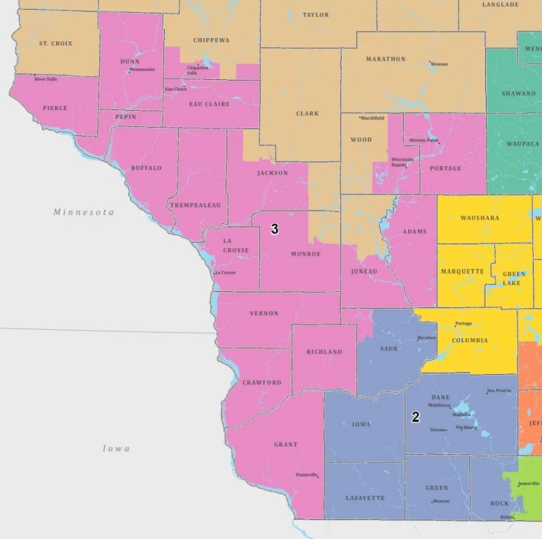 The 3rd Congressional District reaches from the southwestern corner of Wisconsin up to Eau Claire and Stevens Point.