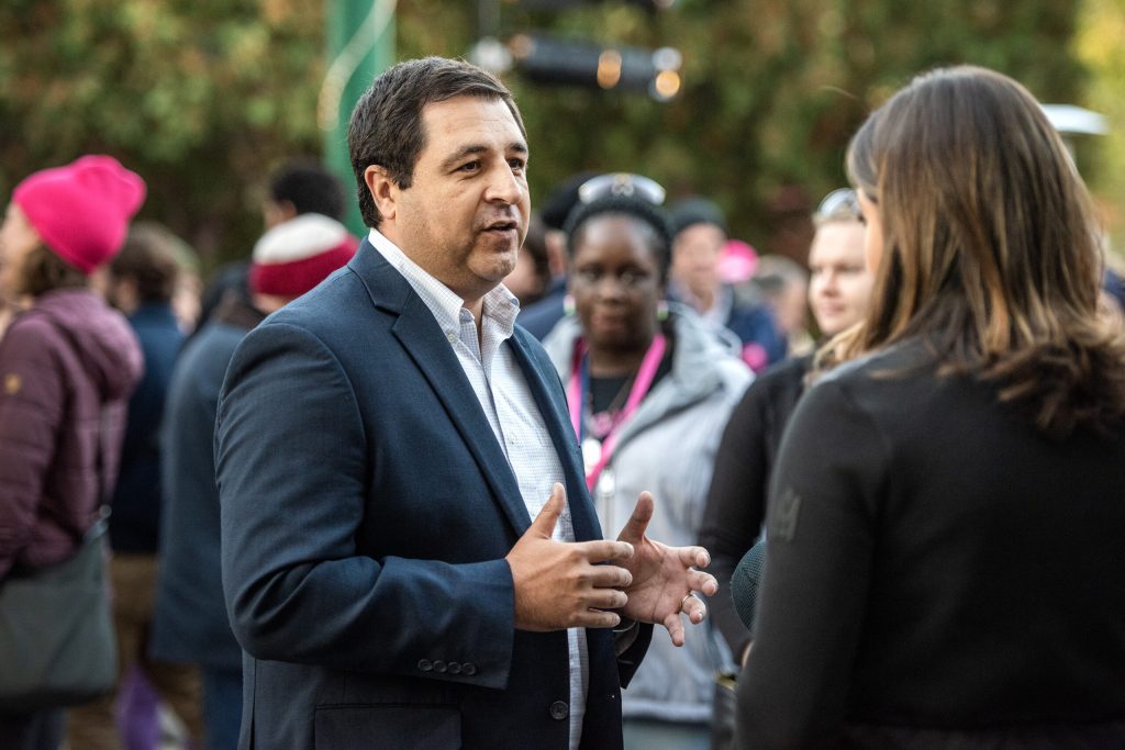 Attorney General Josh Kaul speaks to reporters during a campaign event Saturday, Oct. 8, 2022, in Middleton, Wis. Angela Major/WPR