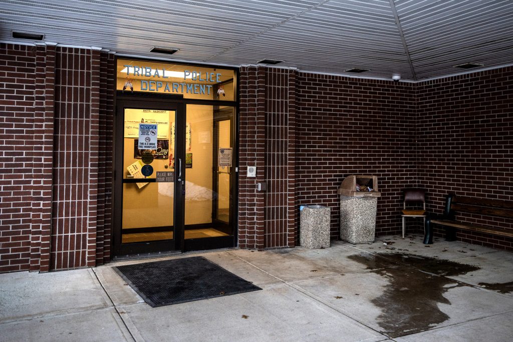 The doors of the Menominee Tribal Police station on Monday, Jan. 9, 2023, in Keshena, Wis. Angela Major/WPR