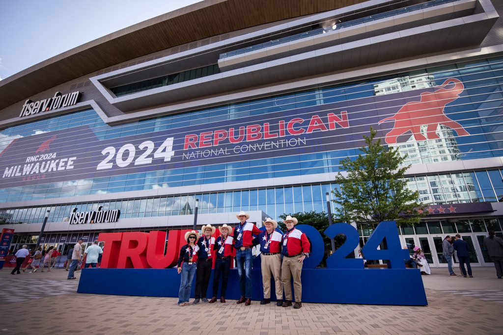 Members of the Texas delegation pose for a photo Wednesday, July 17, 2024, outside the Fiserv Forum in Milwaukee, Wis. Angela Major/WPR