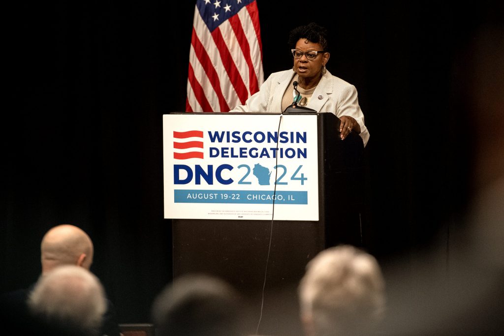 Rep. Gwen Moore speaks during the Wisconsin delegation breakfast at the DNC on Tuesday, Aug. 20, 2024, in Chicago, Ill. Angela Major/WPR