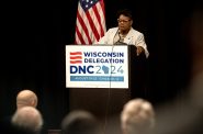 Rep. Gwen Moore speaks during the Wisconsin delegation breakfast at the DNC on Tuesday, Aug. 20, 2024, in Chicago, Ill. Angela Major/WPR