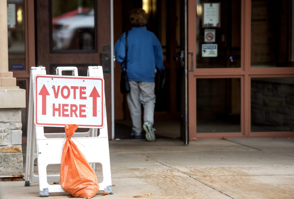 A voter enters a polling location Tuesday, Nov. 5, 2024, in New Berlin, Wis. Angela Major/WPR