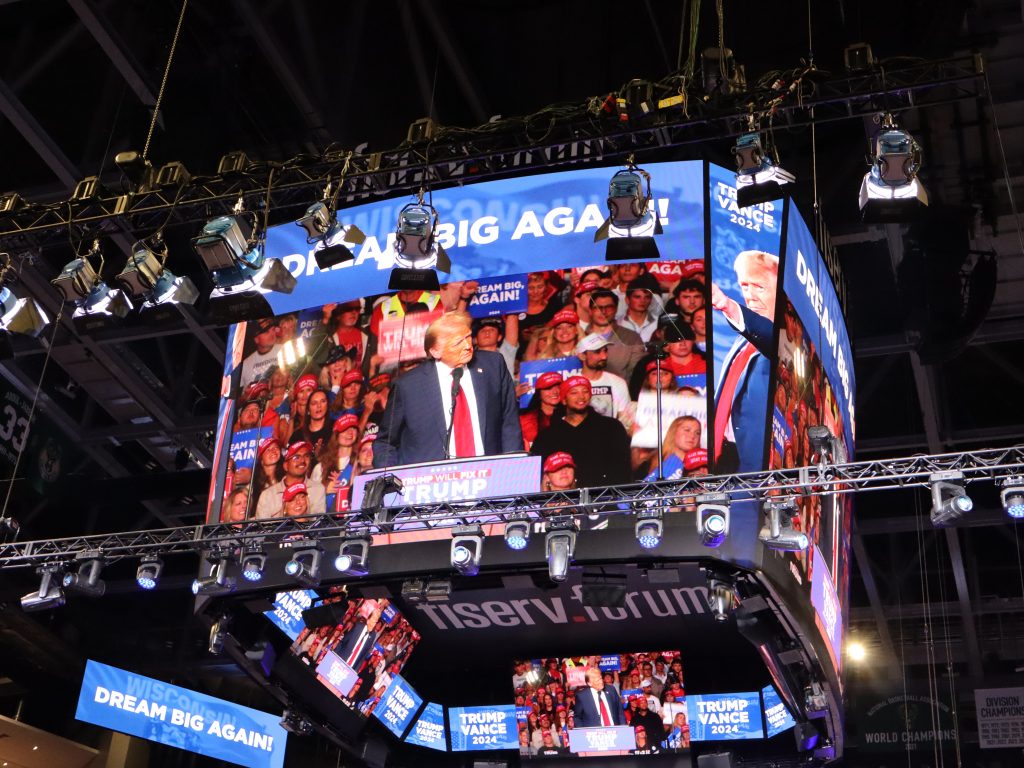 Donald Trump speaks at Fiserv Forum on Nov. 1, 2024. Photo by Graham Kilmer.