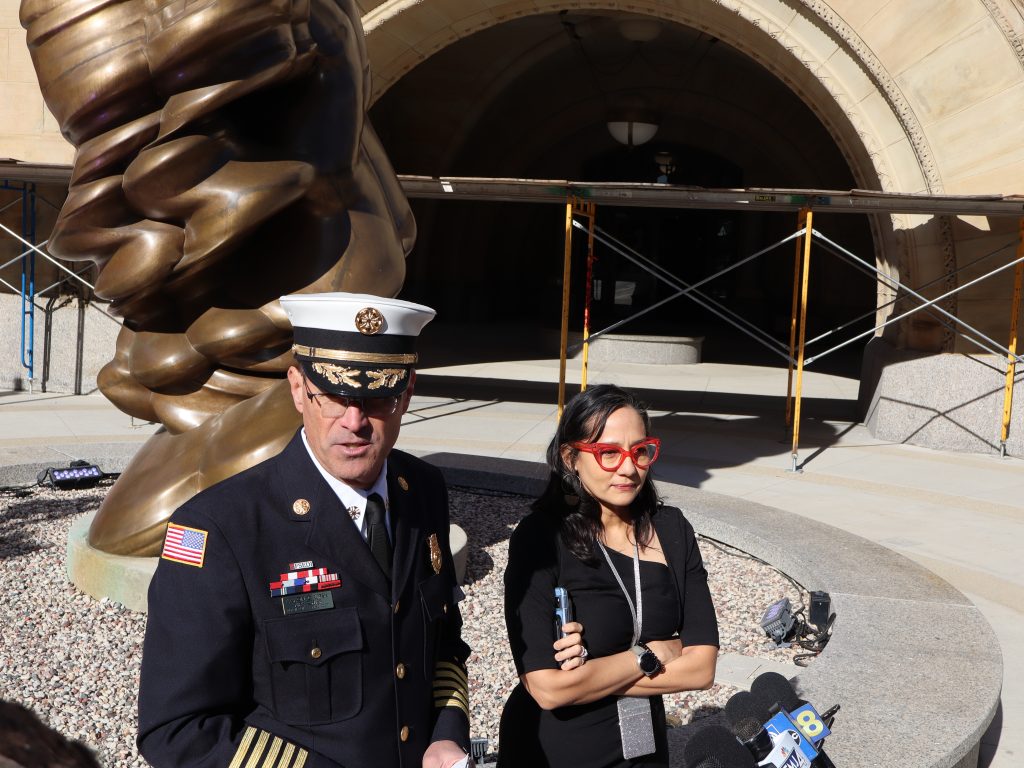 Milwaukee Fire Chief Aaron Lipski and city Election Commission Executive Director Paulina Gutiérrez. Photo taken Nov. 8, 2024 by Graham Kilmer.