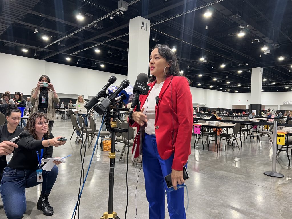 Paulina Gutiérrez addresses the media at central count. Photo by Jeramey Jannene.