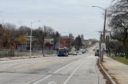 The Milwaukee skyline looms behind N. Martin Luther King Jr. Drive. Photo by Jeramey Jannene.