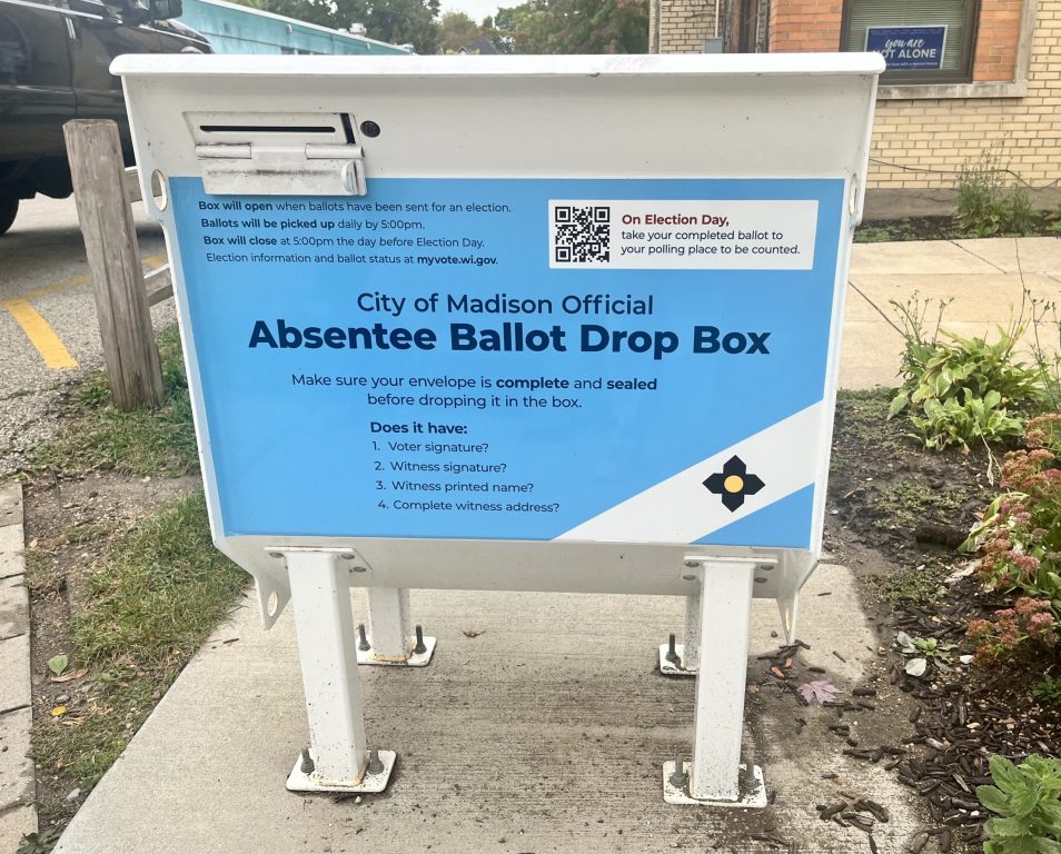 An absentee ballot drop box is seen on the east side of Madison on Sept. 22, 2024. Alyssa Allemand/WPR