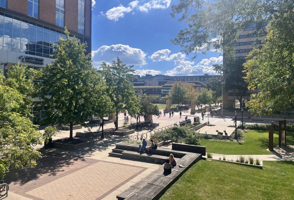 College students walk through UW-Madison’s East Campus Mall on Sept. 26, 2024. Alyssa Allemand/WPR