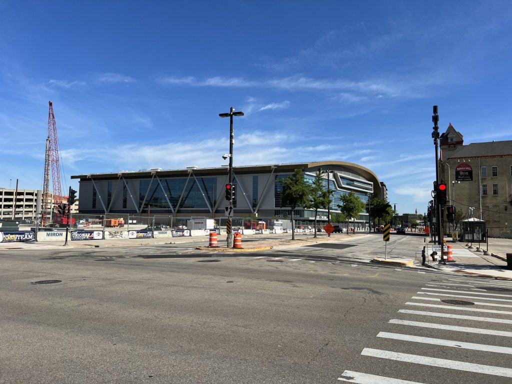 A new hotel would rise on the left, while FPC Live is building a new concert venue closer to Fiserv Forum. May 2024 photo by Jeramey Jannene.