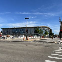 A new hotel would rise on the left, while FPC Live is building a new concert venue closer to Fiserv Forum. May 2024 photo by Jeramey Jannene.