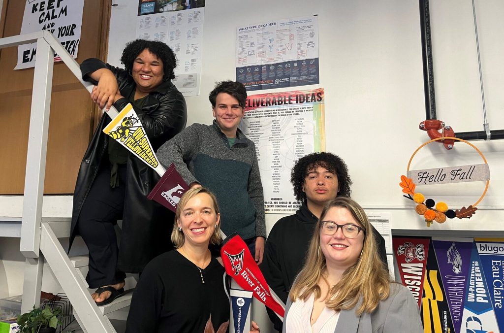 Pathways students Abby Wallace, Tate Goetsch and Cuvee Jewell (left to right on the stairs) and Julia Burns and Julia Mach. Corrinne Hess/WPR