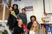 Pathways students Abby Wallace, Tate Goetsch and Cuvee Jewell (left to right on the stairs) and Julia Burns and Julia Mach.  Corrinne Hess/WPR