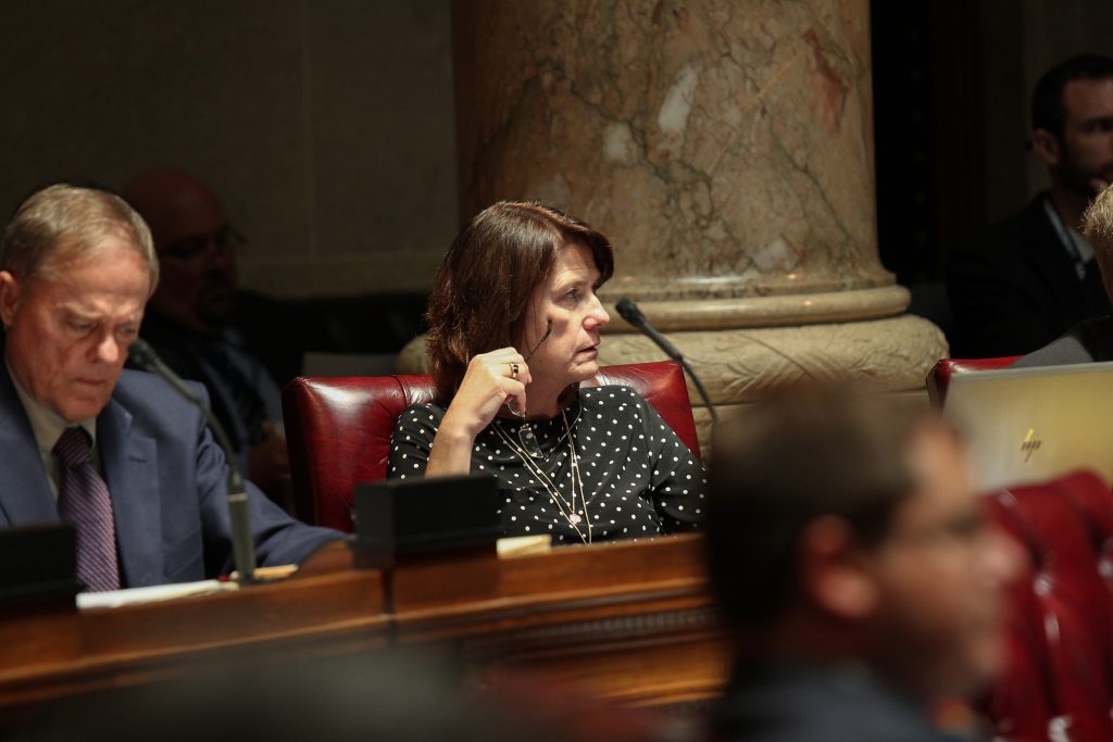 Wisconsin state Sen. Mary Felzkowski, R-Irma, is photographed during a state Senate session on June 7, 2023, in the Wisconsin State Capitol building in Madison, Wis. Drake White-Bergey/Wisconsin Watch