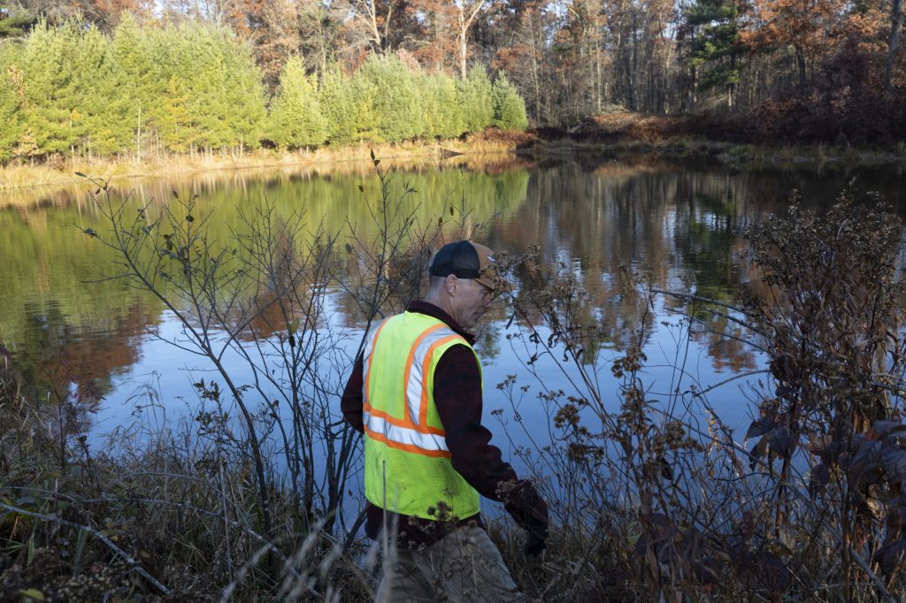 Jim Hoffman, CEO of Hoffman Construction, looks at an artificial beaver lodge he built along a pond on his property on Oct. 25, 2024, in Alma Center, Wis. (Joe Timmerman / Wisconsin Watch)