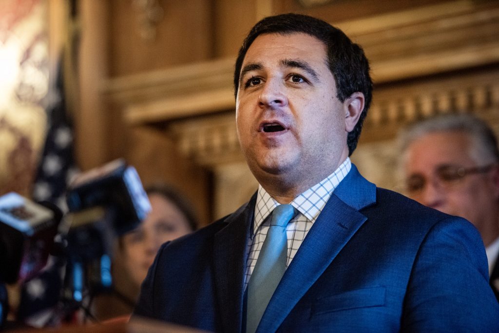 Wisconsin Attorney General Josh Kaul speaks at a press conference advocating for stricter gun laws Thursday, Sept. 21, 2023, at the Wisconsin State Capitol in Madison, Wis. Angela Major/WPR