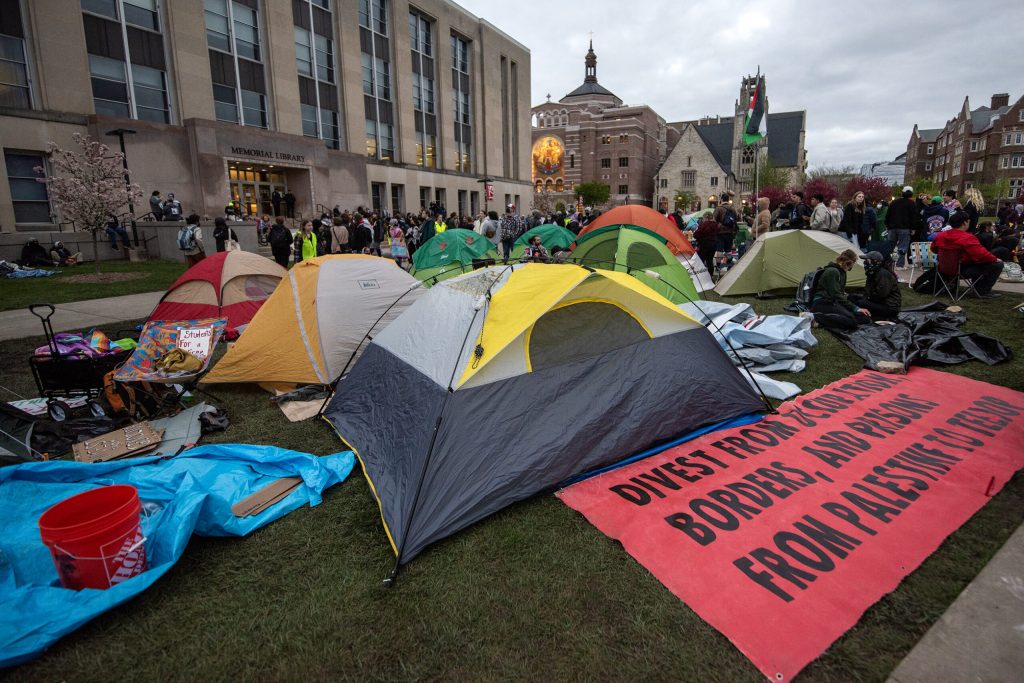 Tents are set up in the Library Mall as a part of a pro-Palestinian demonstration Monday, April 29, 2024, at the University of Wisconsin-Madison in Madison, Wis. Angela Major/WPR