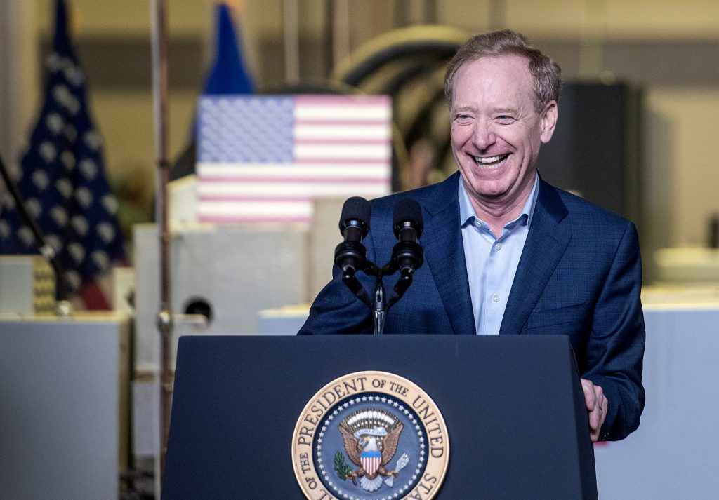 Microsoft President Brad Smith announces a $3.3 billion investment to build an artificial intelligence data center on land once slated for development by Foxconn on Wednesday, May 8, 2024, at Gateway Technical College in Sturtevant, Wis. Angela Major/WPR