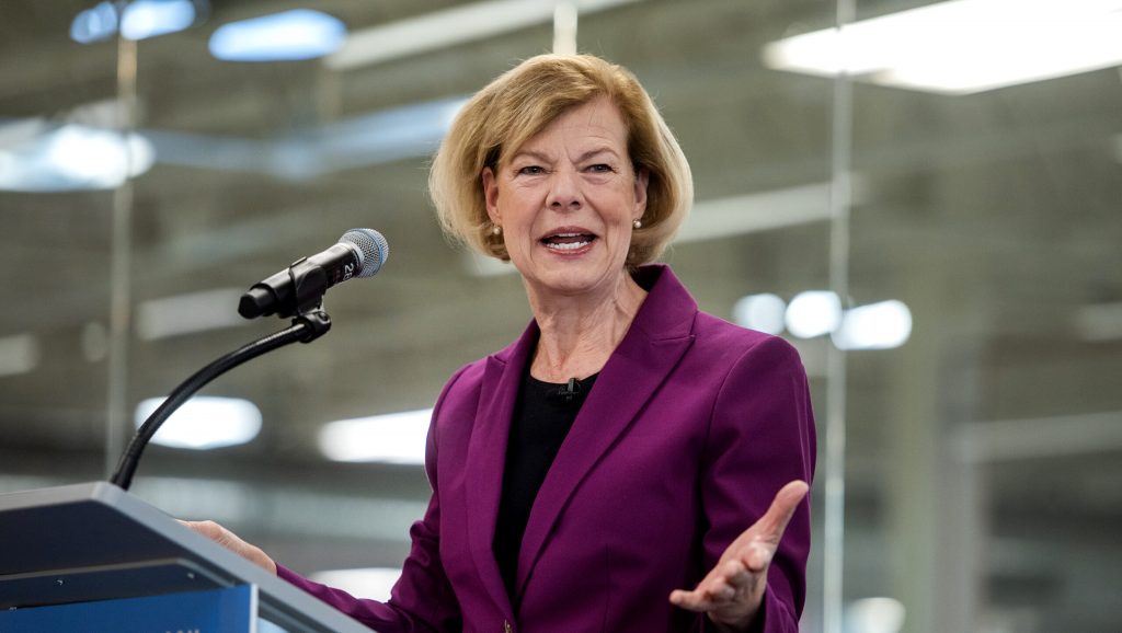 Sen. Tammy Baldwin addresses supporters following her reelection Thursday, Nov. 7, 2024, at Steamfitters Local 601 in Madison, Wis. Angela Major/WPR