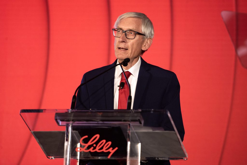 Gov. Tony Evers speaks at a press conference regarding a Eli Lilly manufacturing facility Thursday, Dec. 5, 2024, in Kenosha County. Angela Major/WPR