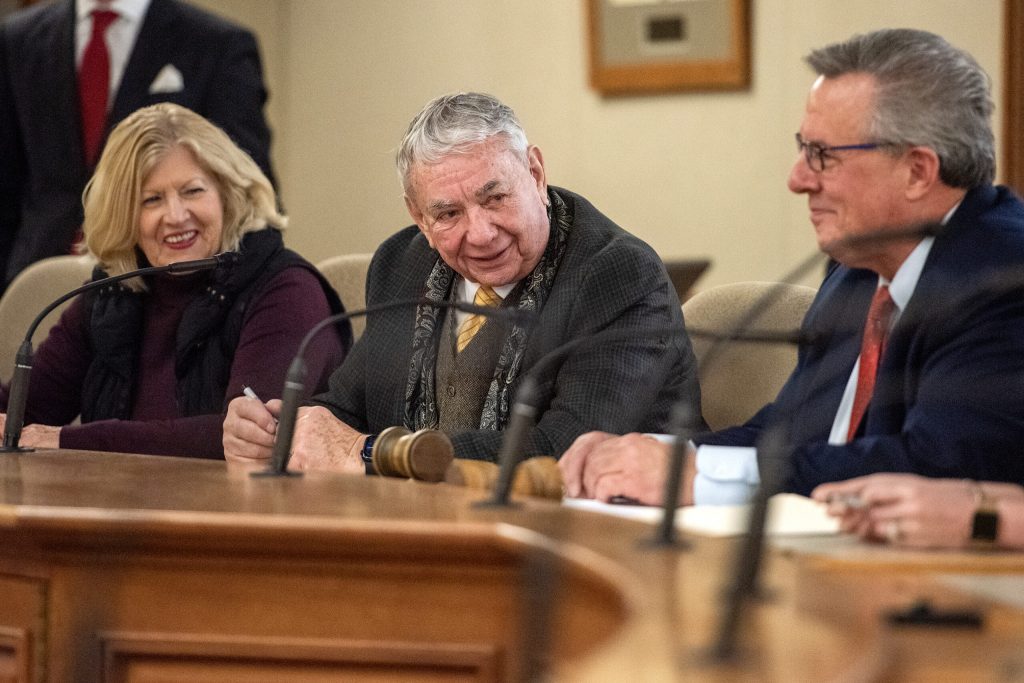 Former Gov. Tommy Thompson, center, speaks to the other electors Tuesday, Dec. 17, 2024, at the Wisconsin State Capitol in Madison, Wis. Angela Major/WPR