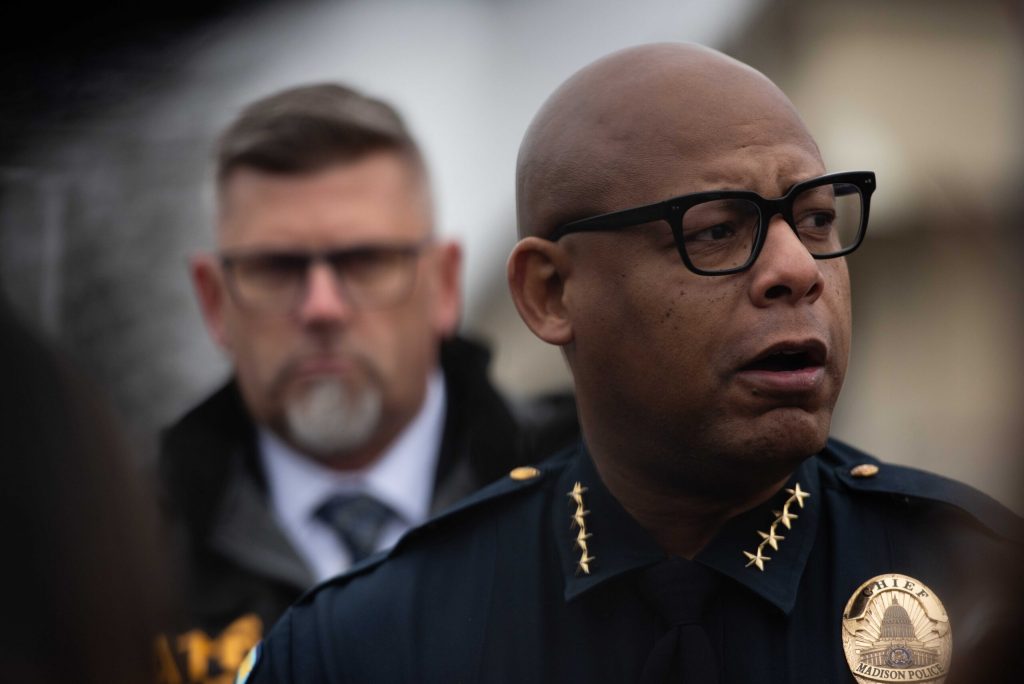 Madison Police Chief Shon Barnes speaks at a press conference following a shooting at Abundant Life Christian School in Madison, Wis. on Dec. 16, 2024. Angela Major/WPR