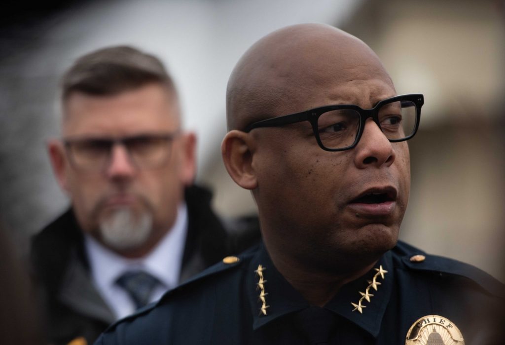 Madison Police Chief Shon Barnes speaks at a press conference following a shooting at Abundant Life Christian School in Madison, Wis. on Dec. 16, 2024. Angela Major/WPR