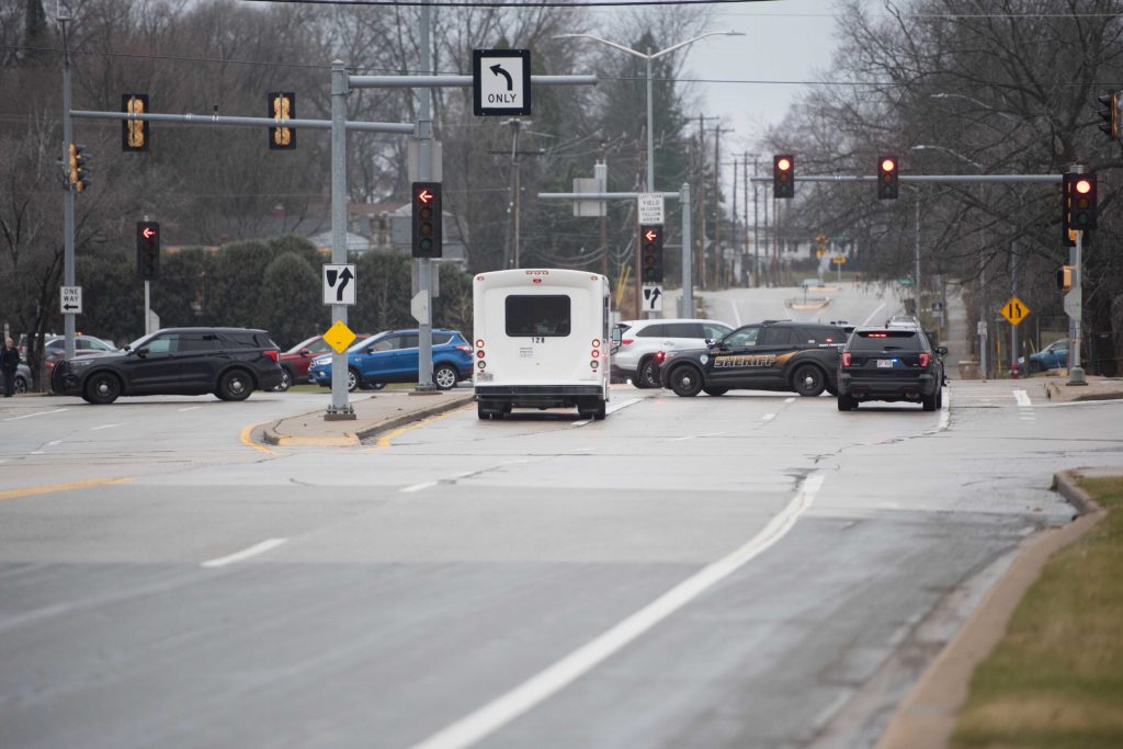 Roads are blocked off near Buckeye Road in Madison, Wis. following a shooting at Abundant Life Christian School on Dec. 16, 2024. Angela Major/WPR