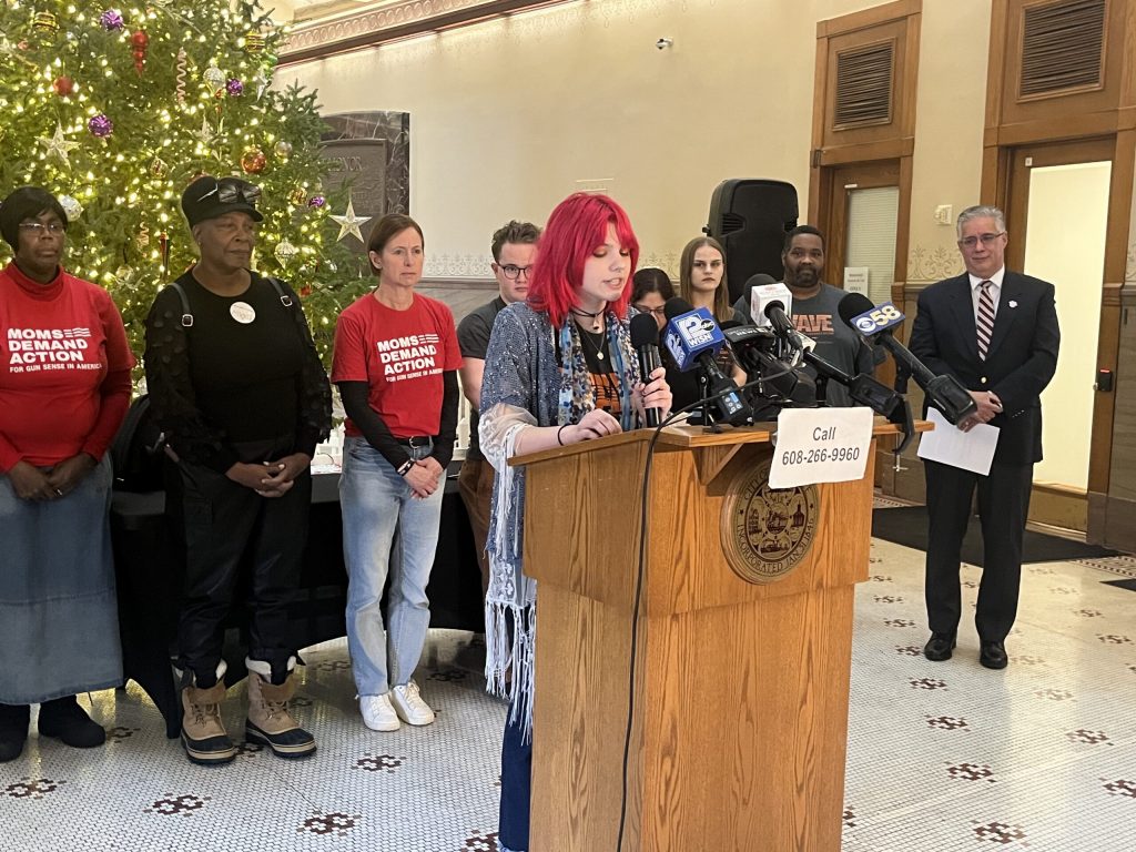 Milwaukee high school junior Giselle Grob-Polewski said teens are terrified to go to school because of the prevalence of guns. She was part of a press conference Friday, Dec. 20, 2024, in Milwaukee to talk about gun violence. Corrinne Hess/WPR