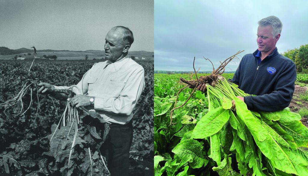 Eric Rygg is the fourth generation to run Huntsinger Farms in Eau Claire. From left to right: Ellis Huntsinger in 1950s and great grandson Eric Rygg in 2024. Photo courtesy of Huntsinger Farms