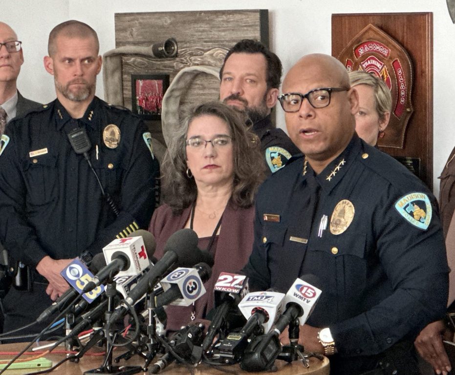 Madison Police Chief Shon Barnes gives updates on Dec. 17, 2024 about the shooting at Abundant Life Christian School that occurred the day before. Anya van Wagtendonk/WPR