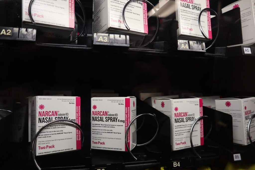 Nasal Narcan, used to reverse an overdose, stock the inside of Milwaukee County’s first harm reduction vending machine. (Photo | Isiah Holmes)