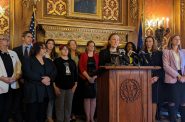 The Assembly Democratic Caucus will enter the next year with 45 members — ten more than last session. Assembly Minority Leader Greta Neubauer (D-Racine) speaking at a press conference before an April 25, 2023 floor session. (Baylor Spears | Wisconsin Examiner)