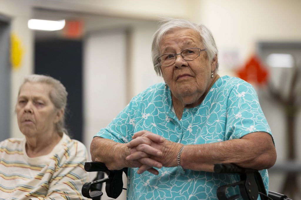 Arlene Meyer is shown at Pine Crest Nursing Home in Merrill, Wis., on Nov. 15, 2024. (Joe Timmerman / Wisconsin Watch)