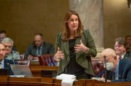 Sen. Dianne Hesselbein (D-Middleton) speaking on the Senate floor. Hesselbein was named Senate minority leader in December of 2023 and was reelected to that position in November of 2024. Photo courtesy of Sen. Dianne Hesselbein’s office