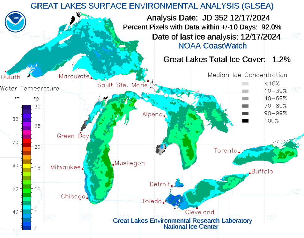 A surface temperature of the Great Lakes for Tuesday, Dec. 17, 2024. Photo courtesy of the National Oceanic and Atmospheric Administration