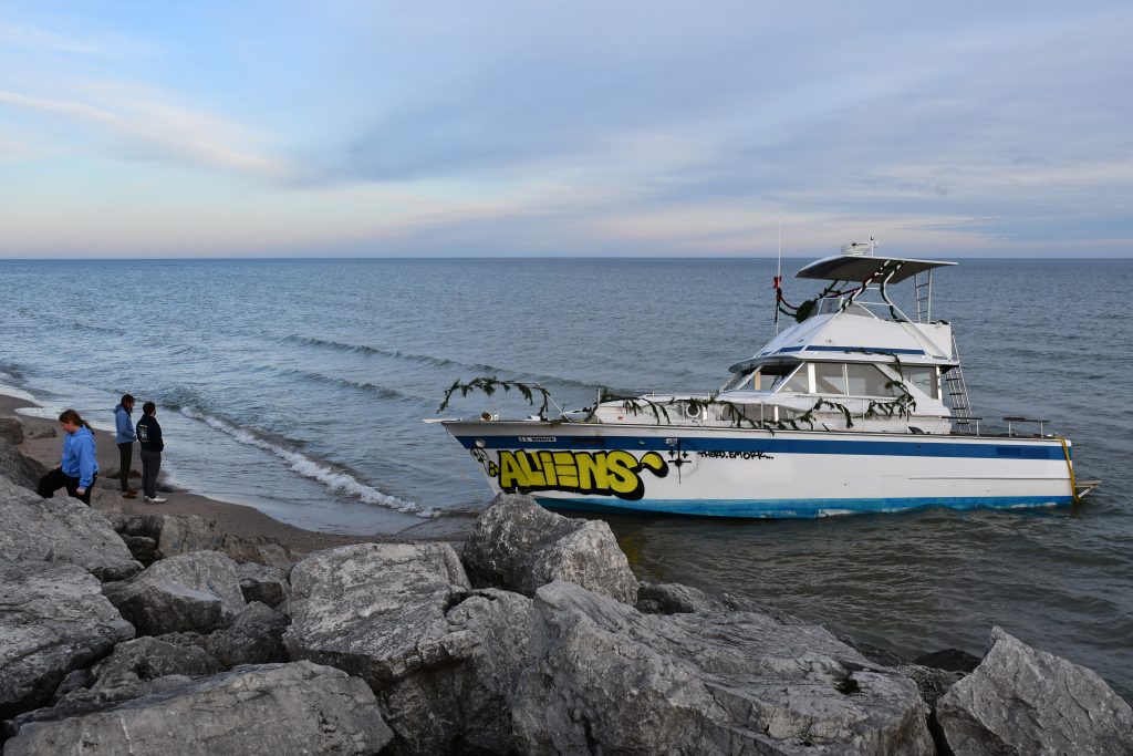 People look at the S.S. Minnow on Dec. 28. Photo by Jeramey Jannene.