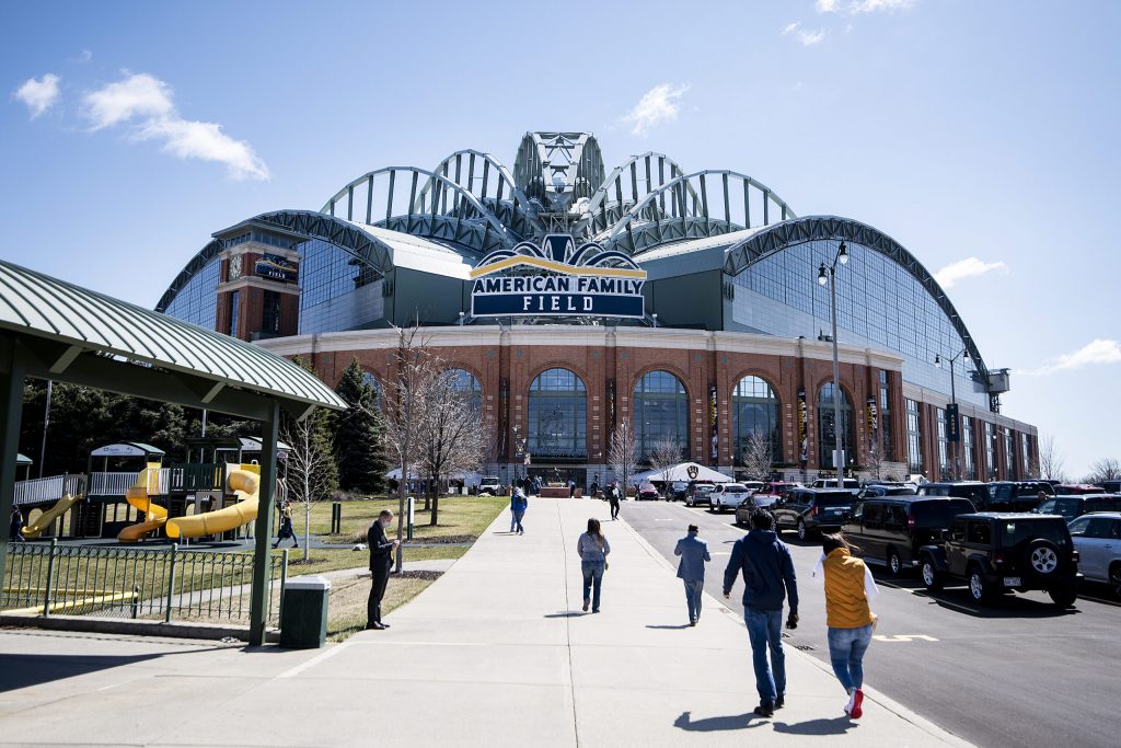 Fans walk into American Family Field to watch the Brewers’ season opener Thursday, April 1, 2021, in Milwaukee. Angela Major/WPR