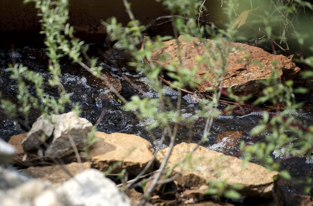 PFAS contaminated water flows in a ditch Thursday, May 20, 2021, at Marinette High School in Marinette, Wis. Angela Major/WPR