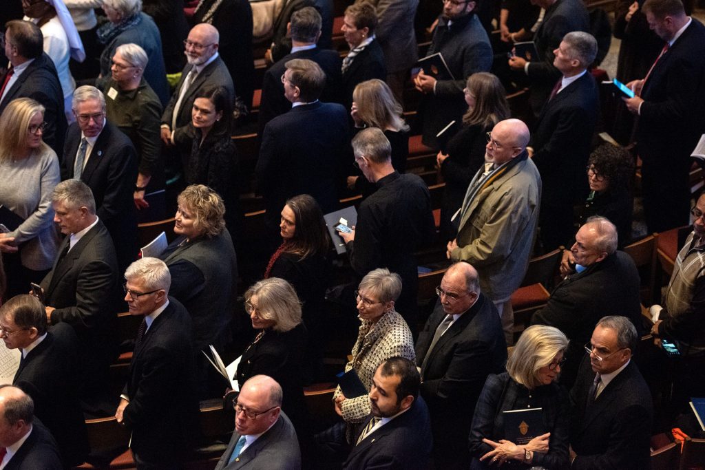 Catholics watch as Jeffrey Grob is installed as the 12th Archbishop of Milwaukee on Tuesday, Jan. 14, 2025, at the Cathedral of Saint John the Evangelist in Milwaukee, Wis. Angela Major/WPR