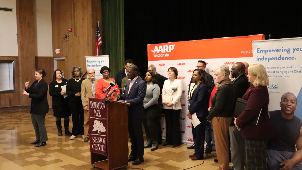 County Executive David Crowley speaks at AARP event at Washington Park Senior Center. Photo taken Jan. 23, 2025 by Graham Kilmer.