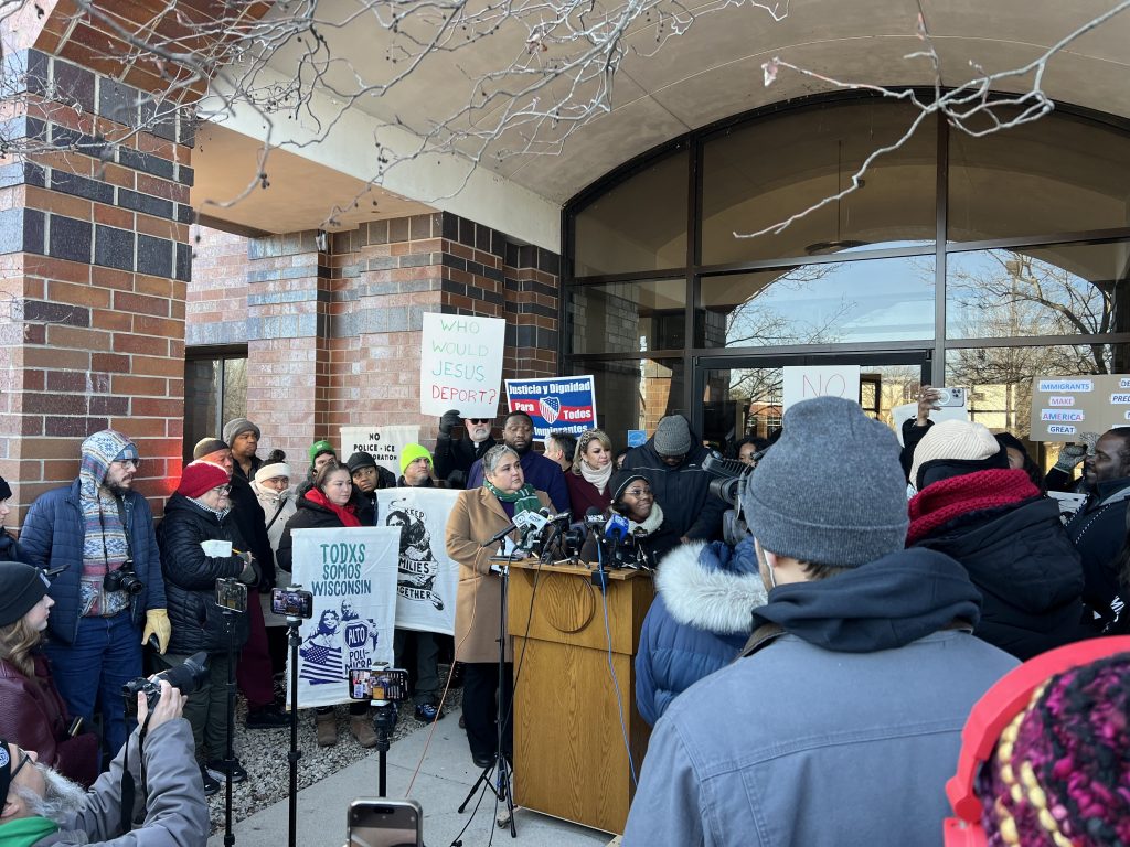 Alderwoman Larresa Taylors leads a press conference about a proposed ICE facility. Photo by Jeramey Janene.