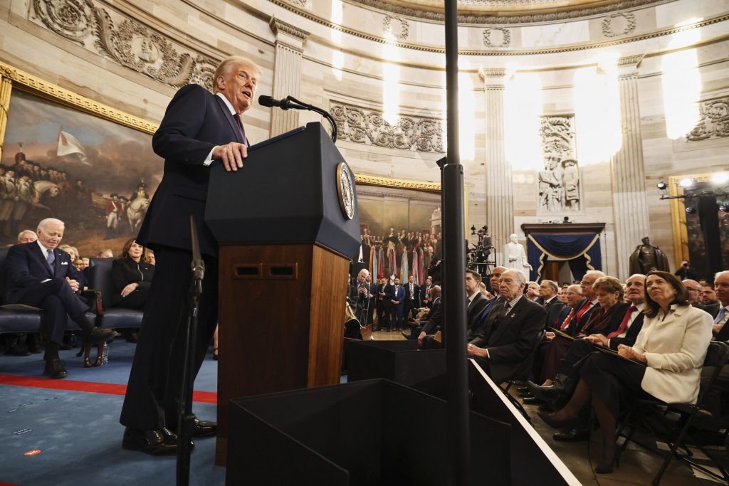 President Donald Trump speaks during the 60th Presidential Inauguration in the Rotunda of the U.S. Capitol in Washington, Monday, Jan. 20, 2025. (Chip Somodevilla/Pool Photo via AP)