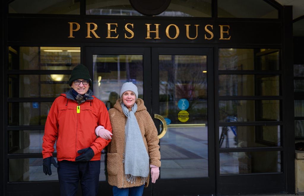 FFRF Co-Presidents Dan Barker and Annie Laurie Gaylor (and a third city resident, not pictured) are suing over a law that allows the church-owned Pres House and Lumen House Apartments in Madison, Wis., to be exempt from taxes. Photo by Chris Line.