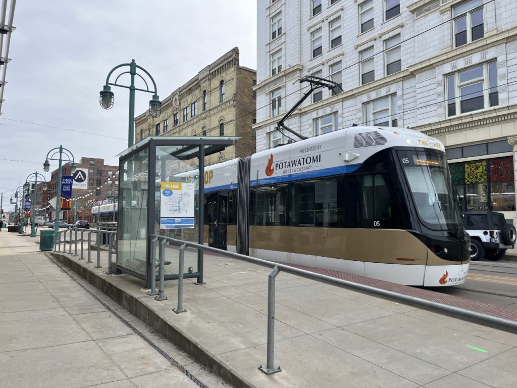 Milwaukee’s streetcar can be seen here on Friday, March 24, 2023. Evan Casey/WPR