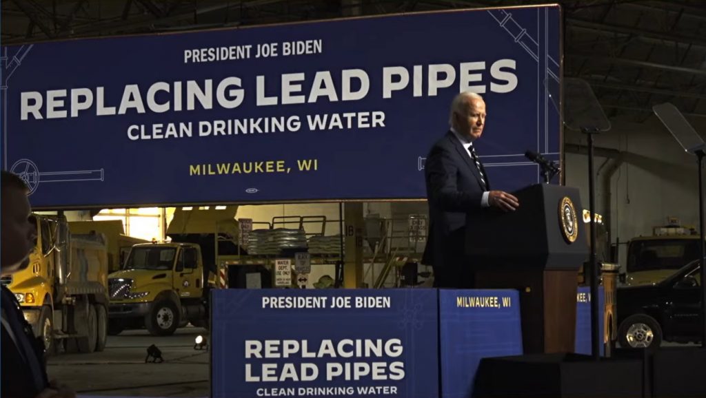 Then-President Joe Biden visited Milwaukee in October 2024 to announced a new rule requiring the replacement of all lead water pipes in the U.S. by 2037. On Wednesday, Attorney General Josh Kaul announced Wisconsin is joining nine other states and D.C. to defend the rule. (Oct. 8, 2024 screenshot/White House livestream)